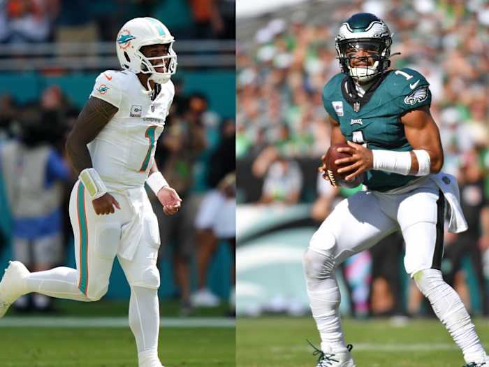 Marcus Mariota’s relationships with current teammate Jalen Hurts of the Philadelphia Eagles and former mentee Tua Tagovailoa of the Miami Dolphins are in the crosshairs when the teams play this weekend.